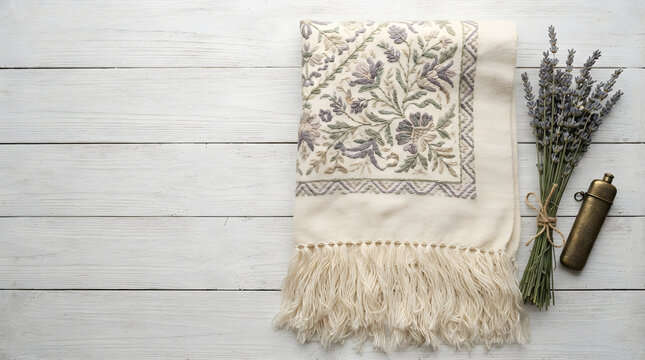 Embroidered shawl and lavender o isolated on