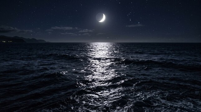 A beautiful crescent moon shining brightly over the dark rippling ocean waves during a peaceful night