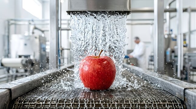 Fresh red apple washing under heavy water stream on industrial metal conveyor belt