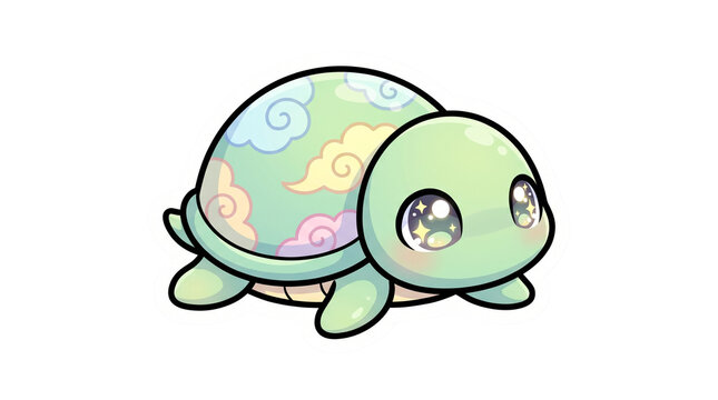 Kawaii baby turtle illustration. Cute sea turtle with pastel cloud shell pattern. Adorable reptile character for nursery decor and stickers.