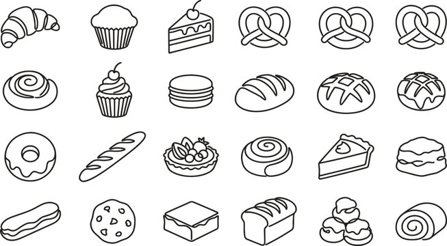 Collection of bakery icons hand-drawn line art illustrations of bread pastries and cakes for food concepts and design elements