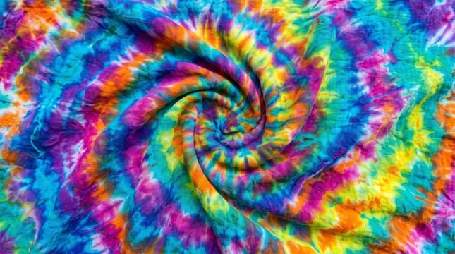 Vibrant rainbow tie dye fabric texture with a circular spiral pattern and bright saturated colorful hues