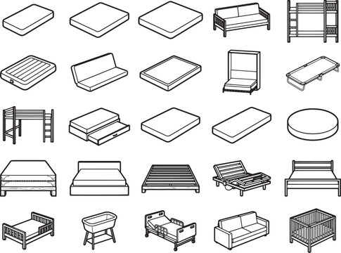 A collection of diverse bed and mattress designs, presented as a collection of line drawings. Showing different bed frames, mattresses and sofa beds in various configurations.