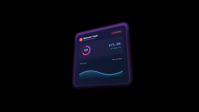Unique isometric glassmorphism analytics widget with animated circular chart, live stats, and glowing line graph on transparent background.