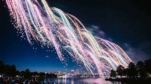 Spectacular Fireworks Display Over Water at Night.