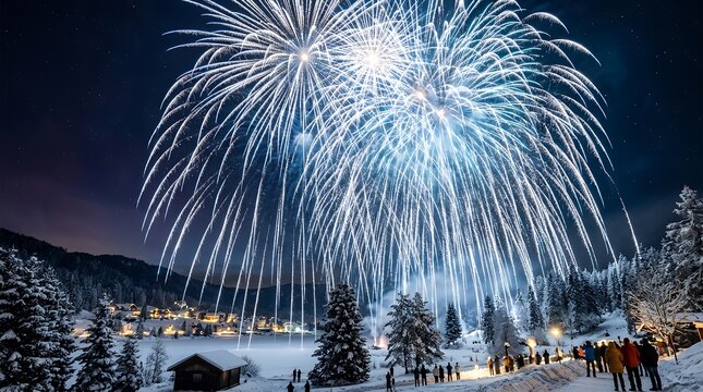 Spectacular Fireworks Display Over Snow-Covered Winter Landscape at Night.