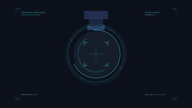 Security IP camera with futuristic HUD interface, AI technology concept