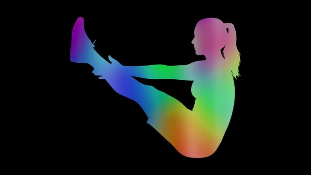 Colorful abstract patterns of the human body showing a woman doing jackknife sit-ups, alpha channel, looping