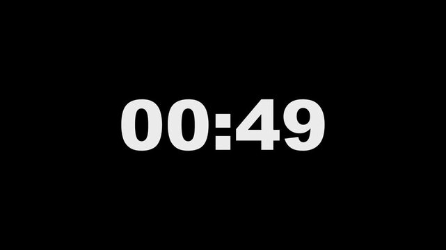 Minimalist digital countdown timer clock with white sans-serif numbers on black background, for broadcast and editing