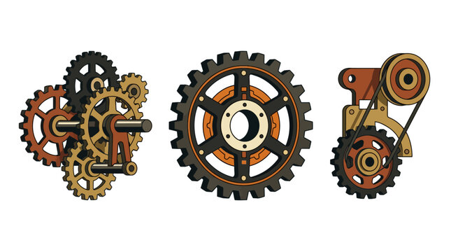Set of mechanical gears and pulleys isolated on white background.