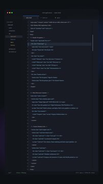 Programmer scrolls html css code editor, editing website, debugging, dark mode