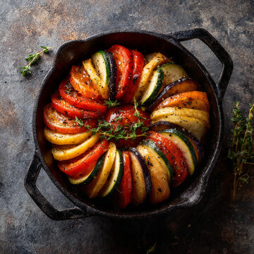 Beautifully arranged ratatouille in a cast iron pan, seasoned with herbs