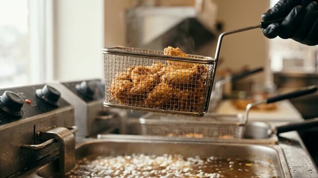 Chef with Black Gloves Frying Golden Chicken Pieces in Hot Oil Deep Fryer