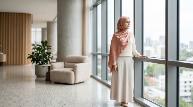 A confident young woman wearing a traditional peach hijab stands gracefully inside a brightly lit office corridor while gazing out through large windows at the sprawling urban landscape beyond