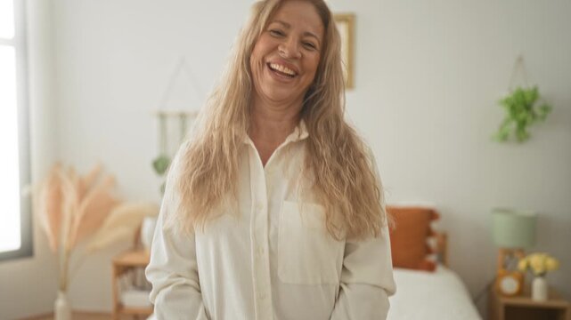 Woman smiling broadly, face and long blonde hair visible standing in a cozy bedroom with bed and plants; home comfort joy.
