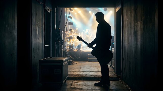 Silhouette of musician holding acoustic guitar standing backstage at concert