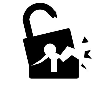 Black silhouette of a broken padlock icon symbolizing poor security, phishing threats, vulnerability, and unauthorized access.