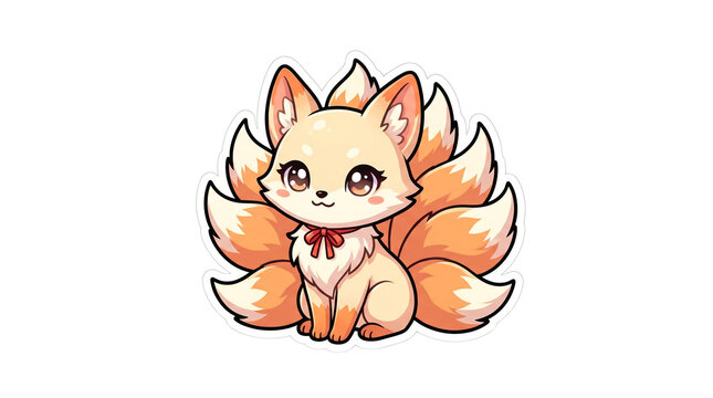 Kawaii kitsune fox sticker, cute nine-tailed fox anime character, mythical orange fox illustration on white background