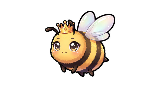 Cute queen bee illustration with gold crown, adorable bumblebee character on white background, whimsical honey bee mascot for kids