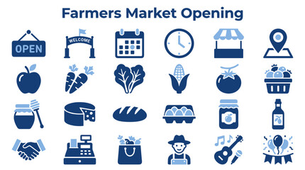 Naklejka premium Farmers Market Opening Icon Set Featuring Fresh Produce Organic Food and Community Shopping Elements on Isolated White Background
