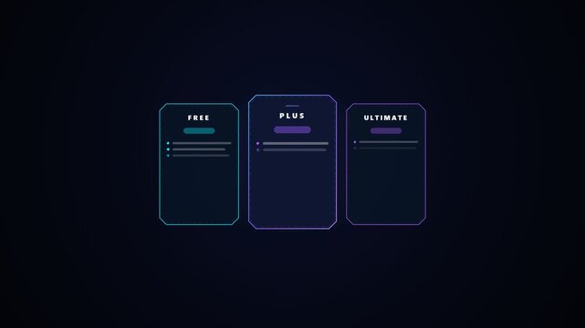 Futuristic neon pricing table ui with three subscription plans. 4K Video
