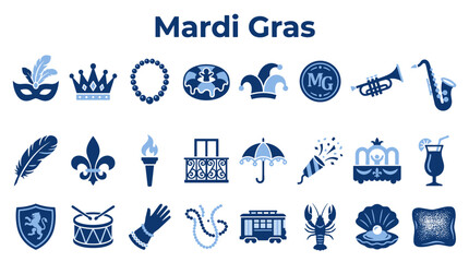 Mardi Gras festival celebration icon set featuring carnival elements mask crown beads trumpet and saxophone on a transparent background © Iconique Studio
