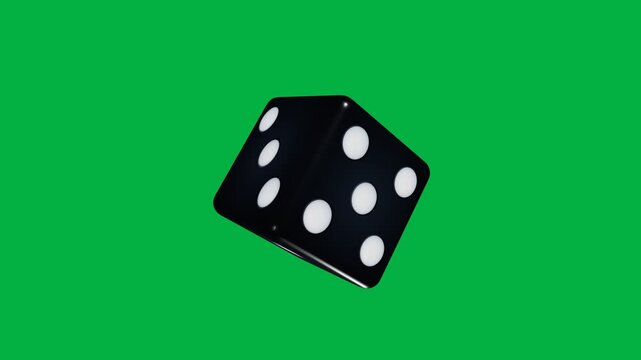 Black rotating dice with white pips on green screen. 4K Video