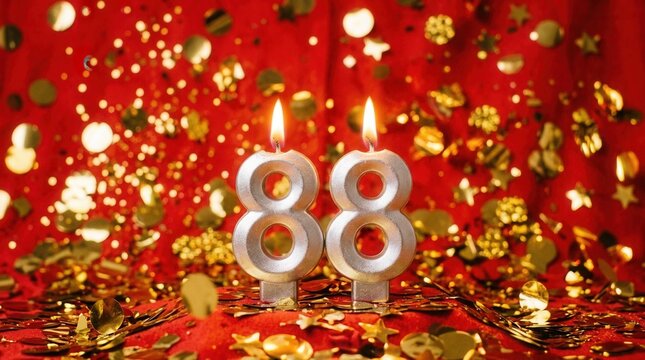 Golden Confetti Celebration: Number 88 Candles on Red Velvet Background with Sparkling Details
