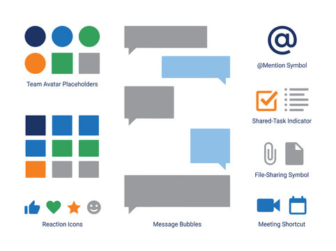Business Communication Icons Set. Chat Interface, Online Meeting, Collaboration. Avatars, Message Bubbles, Reactions. Social Media Elements