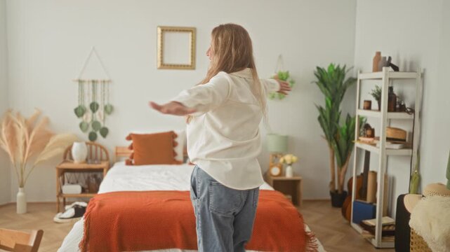 Woman middle aged blonde with arms outstretched smiling by bed with orange blanket and pillow in a building; joy.
