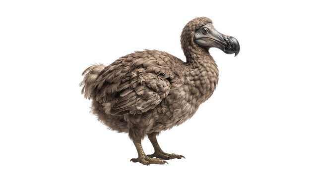 Extinct dodo bird isolated on white background, prehistoric flightless bird with brown feathers, realistic animal illustration for education