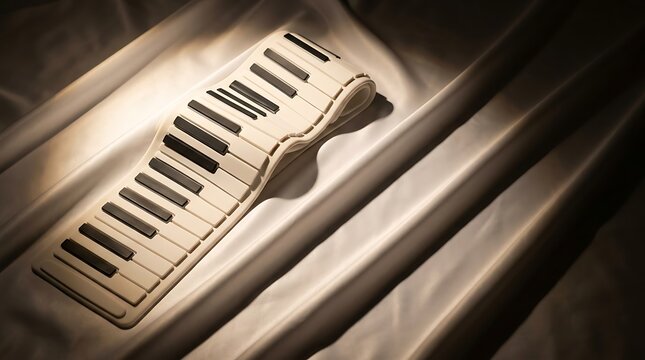 White Piano Keyboard Keytar Shaped Device on Glossy Piano Surface