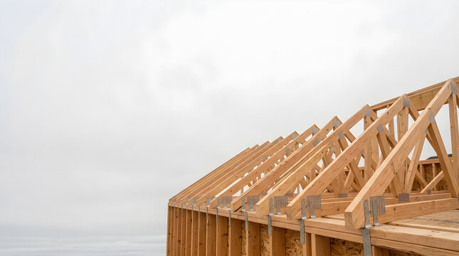 Timber roof trusses on wall isolated clean