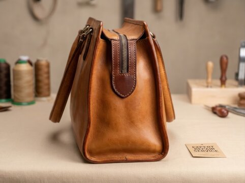 repaired leather bag without branding Brown leather bag displayed on a workbench with sewing tools in the background.