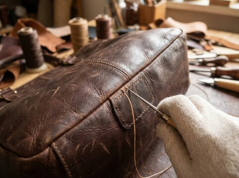 repaired leather bag without branding Hand stitching a brown leather bag in a craftsman&rsquo;s workshop with tools visible.