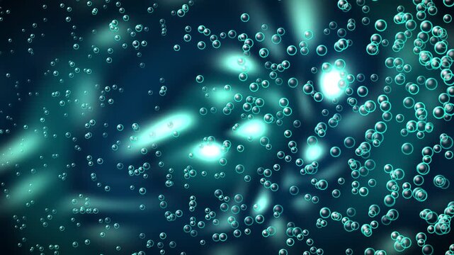 Glowing blue water bubbles floating on dark abstract background motion loop