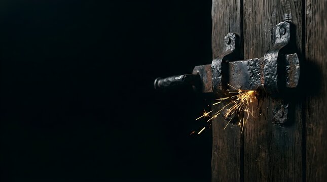 Antique iron door bolt latch with bright sparks on dark wooden surface