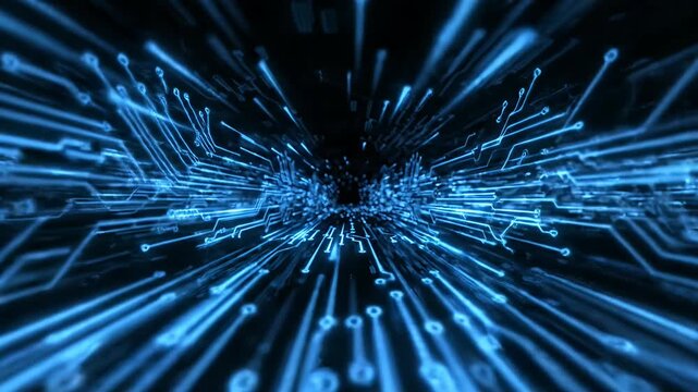Abstract blue light streaks in digital data tunnel.