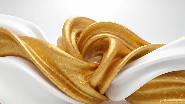 Abstract flowing white and gold fluid shapes.