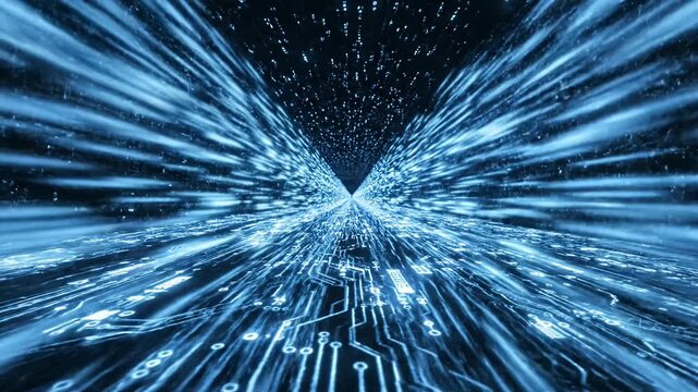 Abstract motion blur of blue digital data streaks.