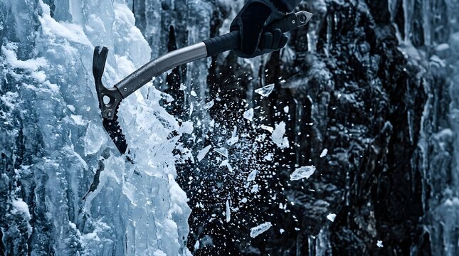 Climber using an ice axe to scale a frozen waterfall in winter