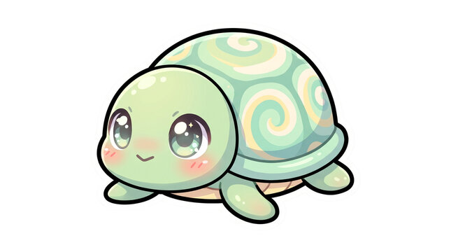 Kawaii turtle illustration with pastel green shell, cute baby sea turtle character, adorable reptile mascot on white background