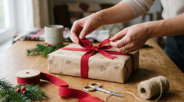 Hands tying a red ribbon bow on a craft paper gift box, preparing for festive occasions like Christmas, birthdays, or holidays.