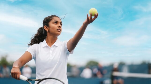 Focused Indian female tennis player tossing ball for serve on outdoor court, capturing athletic determination and competitive spirit for sports brand marketing and wellness design.