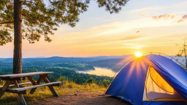 Serene Campsite at Sunrise: A vibrant blue tent is pitched next to a wooden picnic table on a hilltop, overlooking a tranquil lake and a lush forest, as the sun rises.