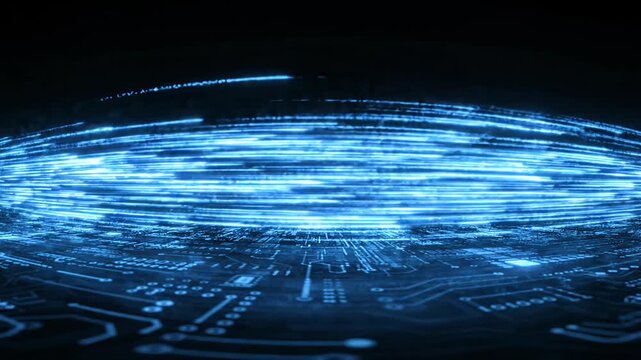 Abstract blue digital data trails on electronic surface.