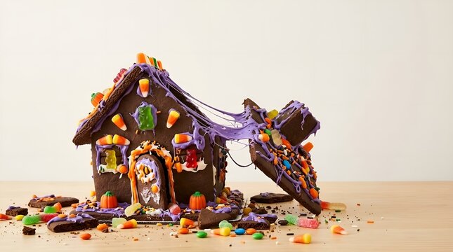 Failed assembly of a Halloween gingerbread house, collapsing roof and stretchy icing with copy space