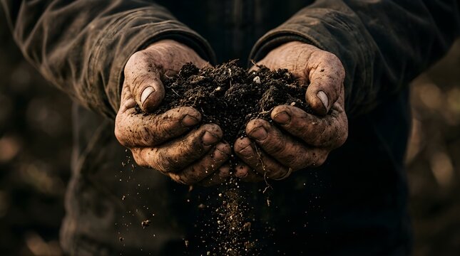 Farmer holding dark fertile soil in hands outdoors at sunset