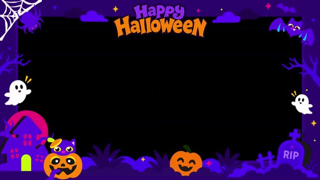 Halloween Animated Frame Overlay with Ghosts, Pumpkins, Bat and Haunted House - Alpha Channel
