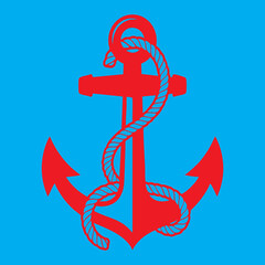 Red nautical anchor icon with a coiled blue rope, centered on a solid light blue background, flat marine © Palash